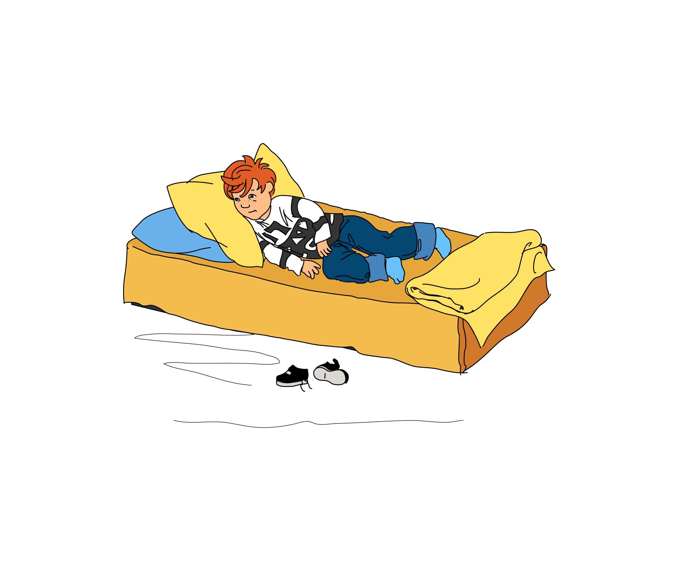Tim liegt traurig in seinem Bett