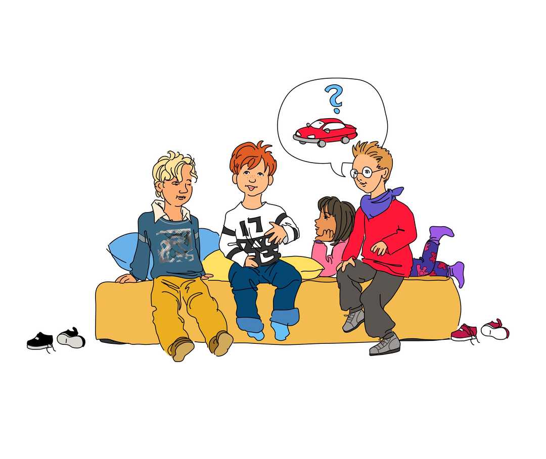 Tims Freunde sitzen auf dem Bett und reden Tims Freunde sitzen auf dem Bett und reden